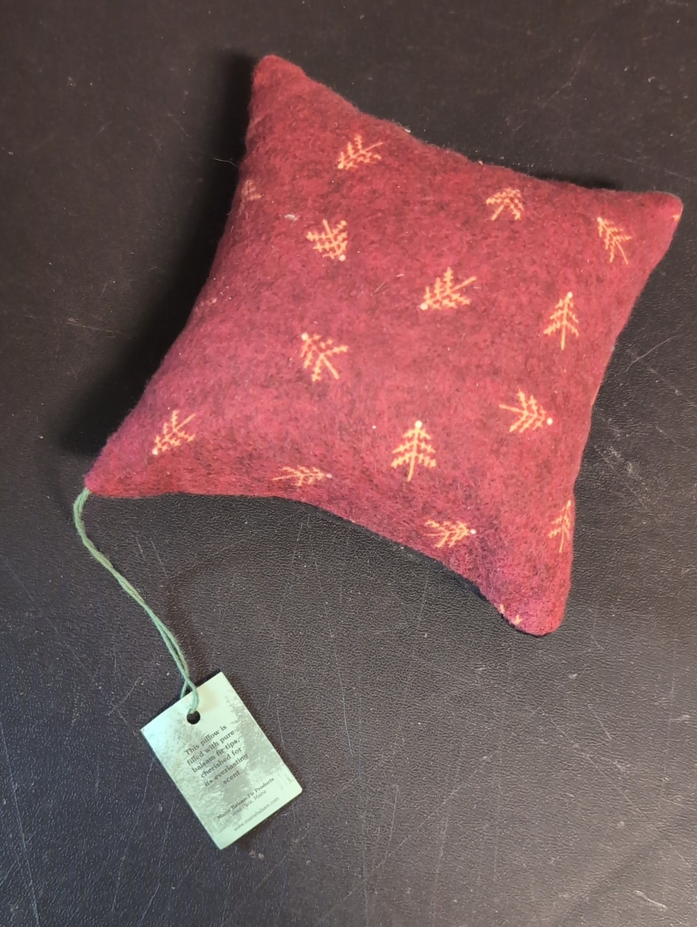Handmade Maroon Wool Pin Cushion with Tree Motif Balsam Fir Tips Scent